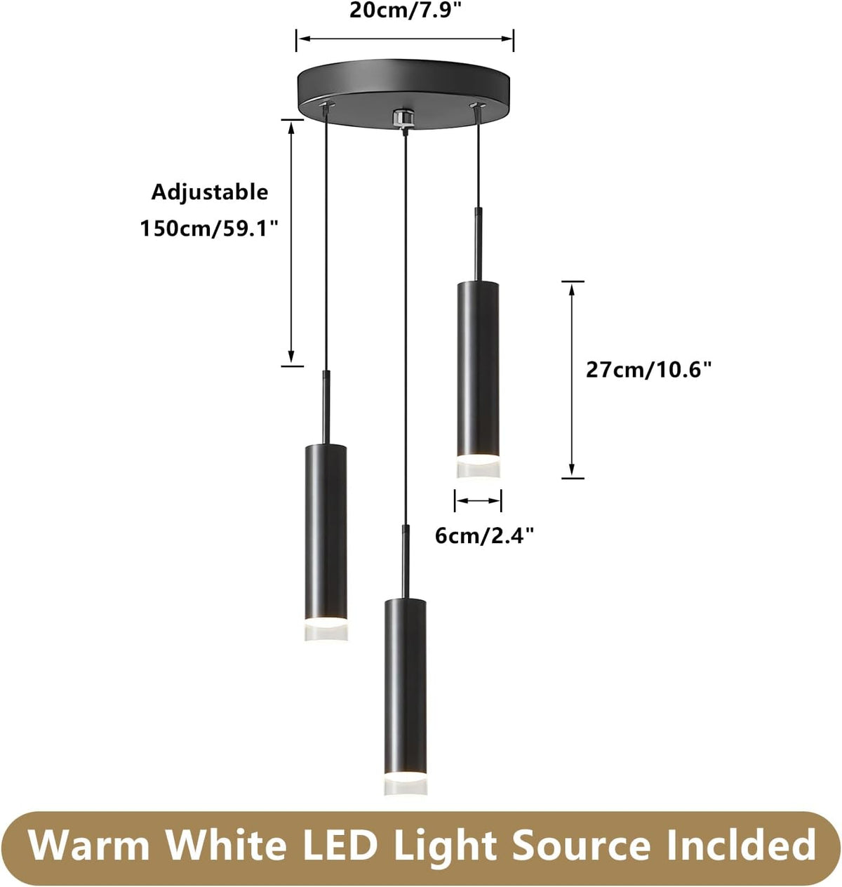 Lámpara Colgante 3 Luces Tubo Negro